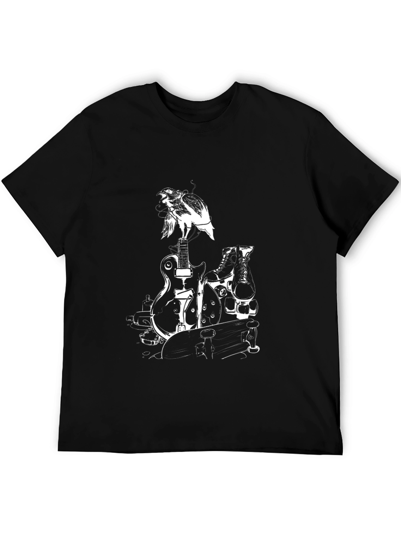 Black Graphic Tee: Bird Guitar Skates Skateboard