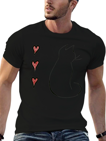 Black Cat Silhouette T-Shirt with Heart Accents