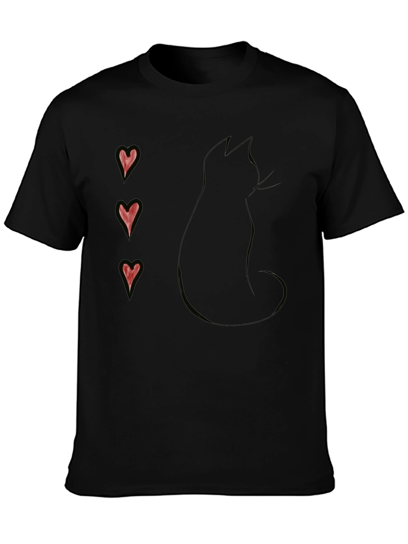 Black Cat Silhouette T-Shirt with Heart Accents