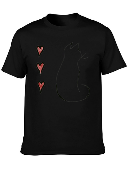 Black Cat Silhouette T-Shirt with Heart Accents