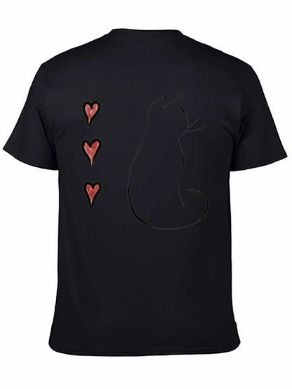 Black Cat Silhouette T-Shirt with Heart Accents