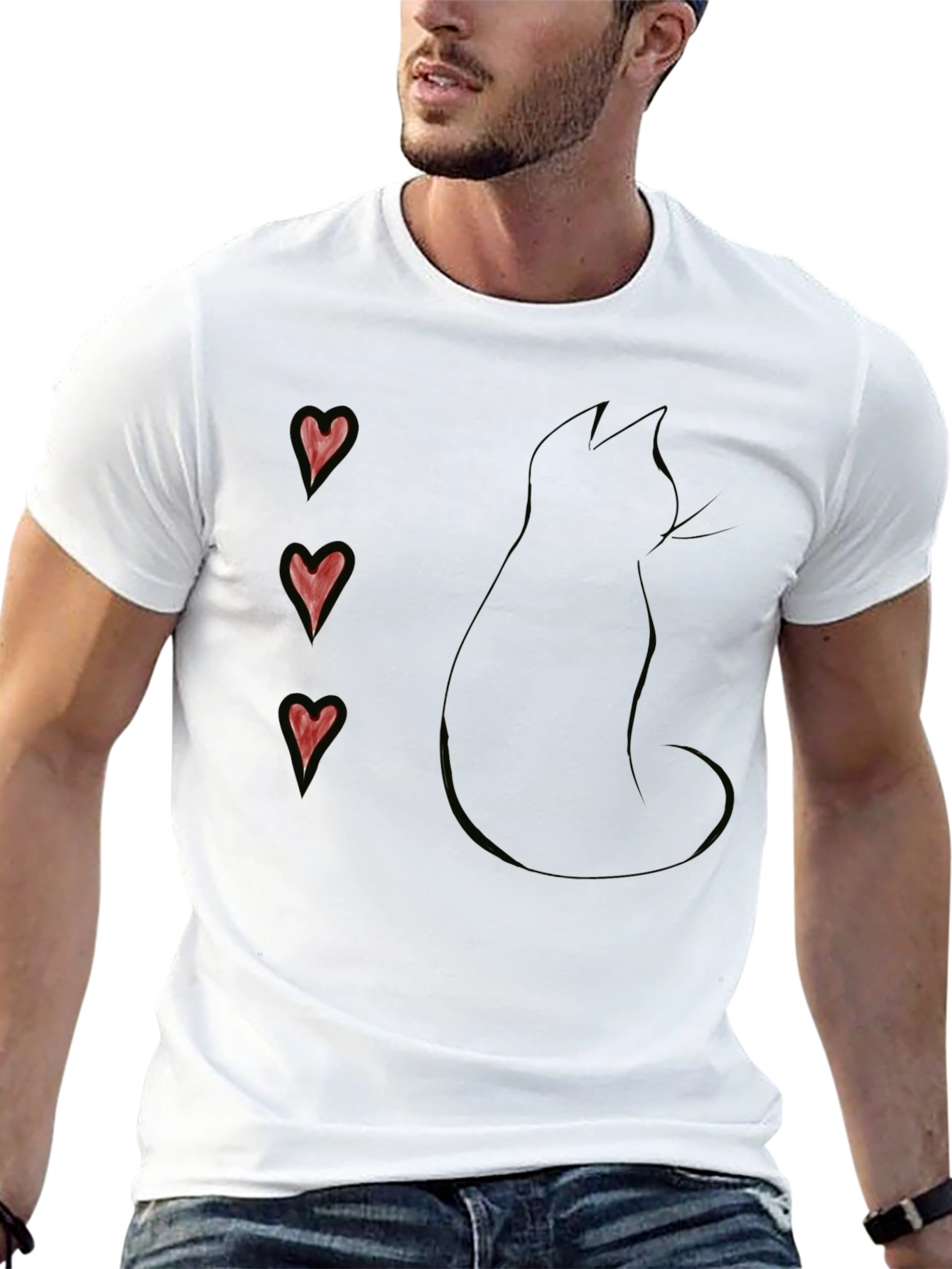 Black Cat Silhouette T-Shirt with Heart Accents