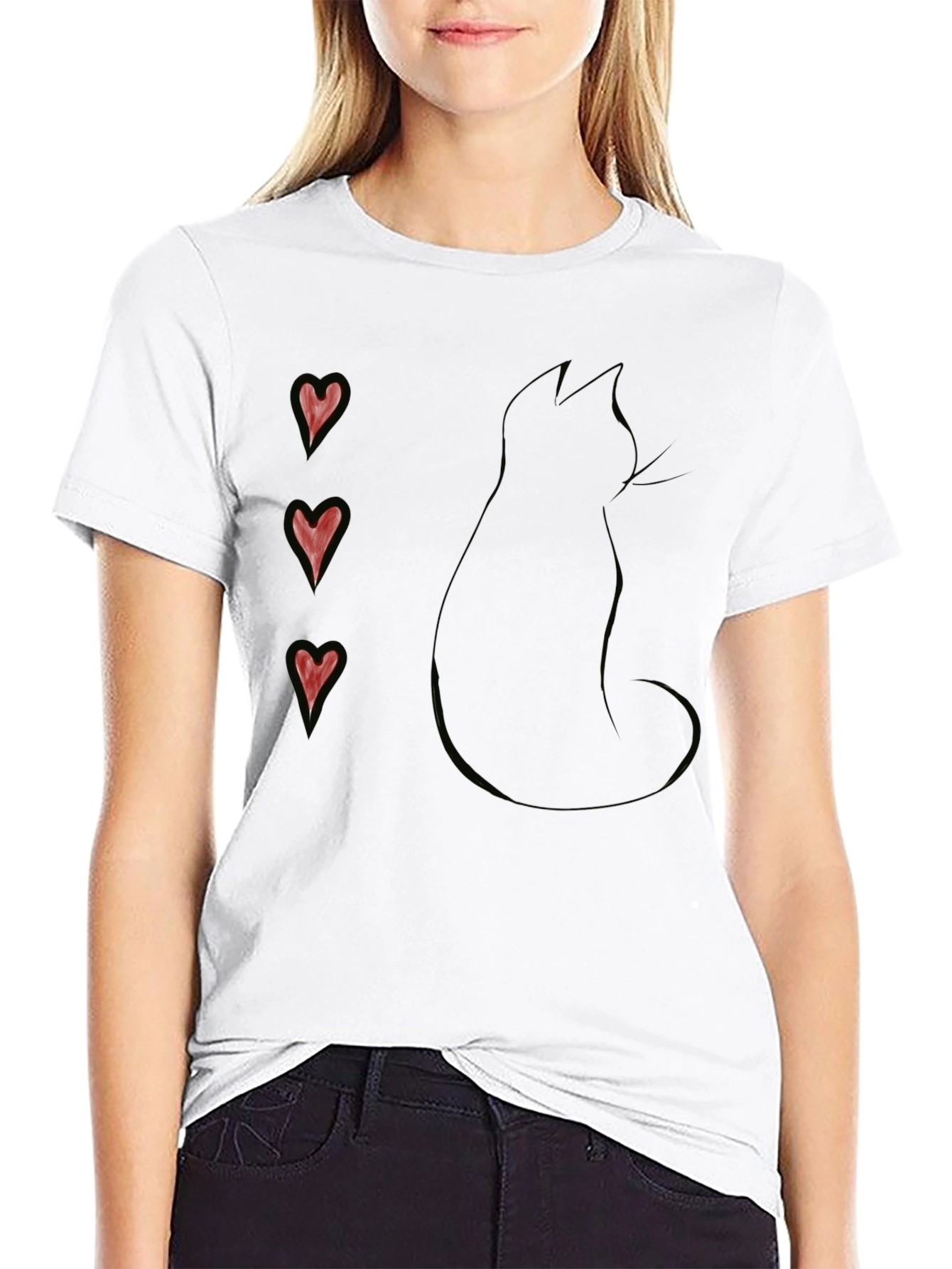 Black Cat Silhouette T-Shirt with Heart Accents