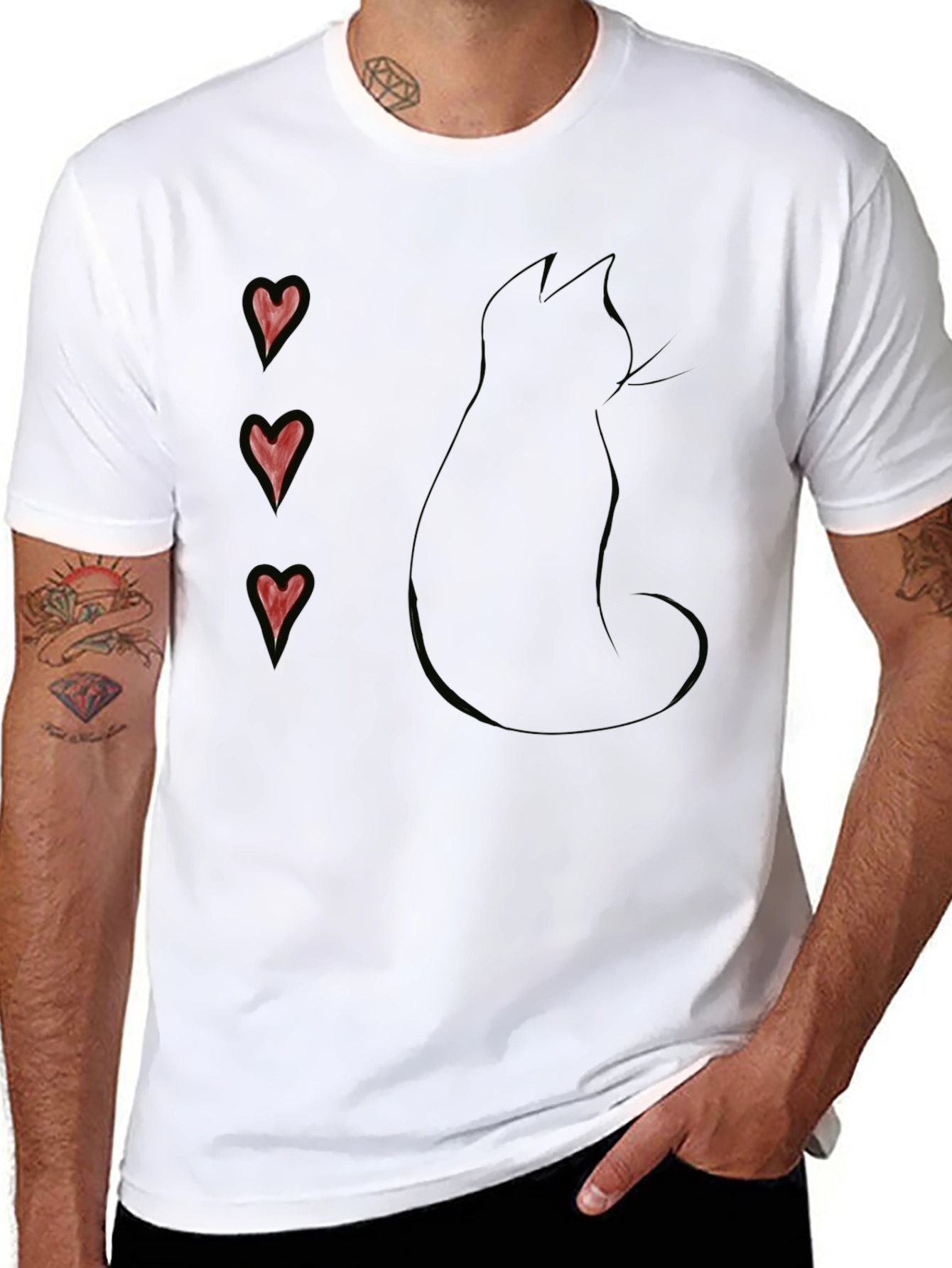 Black Cat Silhouette T-Shirt with Heart Accents