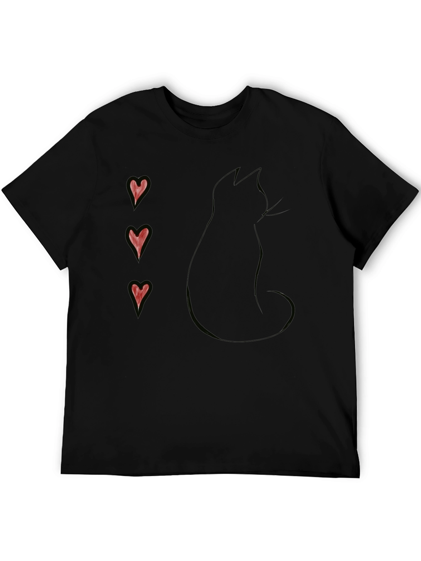 Black Cat Silhouette T-Shirt with Heart Accents
