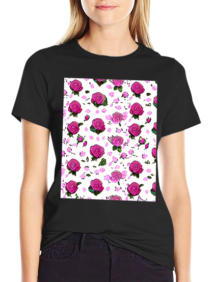 Floral Print T-Shirt: Pink Roses on White