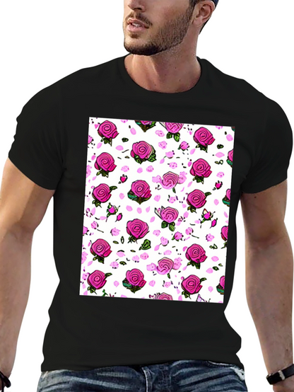 Floral Print T-Shirt: Pink Roses on White