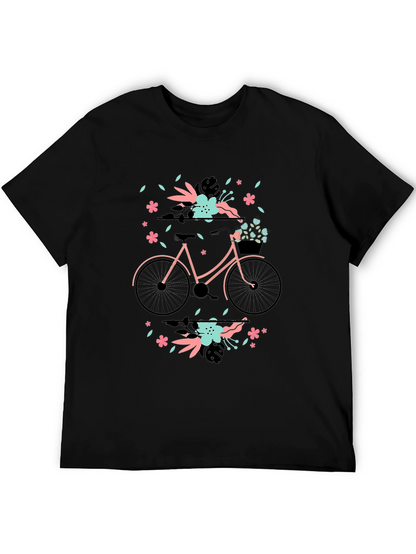 Floral Bicycle Graphic Tee - Black Cotton T-Shirt
