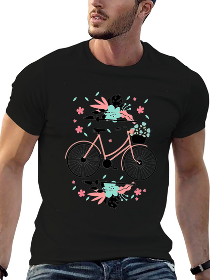 Floral Bicycle Graphic Tee - Black Cotton T-Shirt