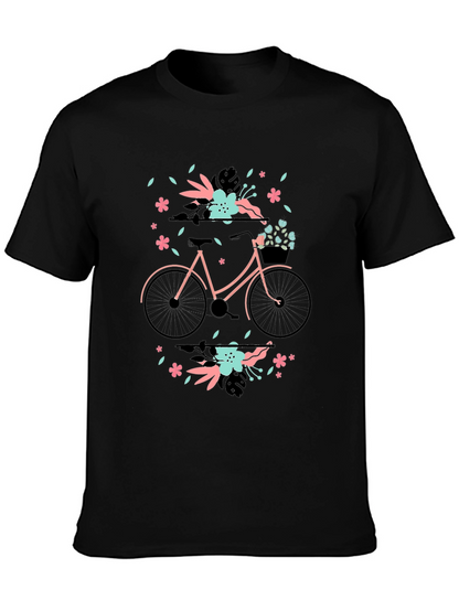 Floral Bicycle Graphic Tee - Black Cotton T-Shirt