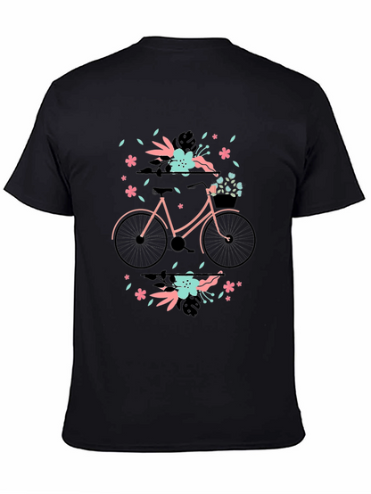 Floral Bicycle Graphic Tee - Black Cotton T-Shirt