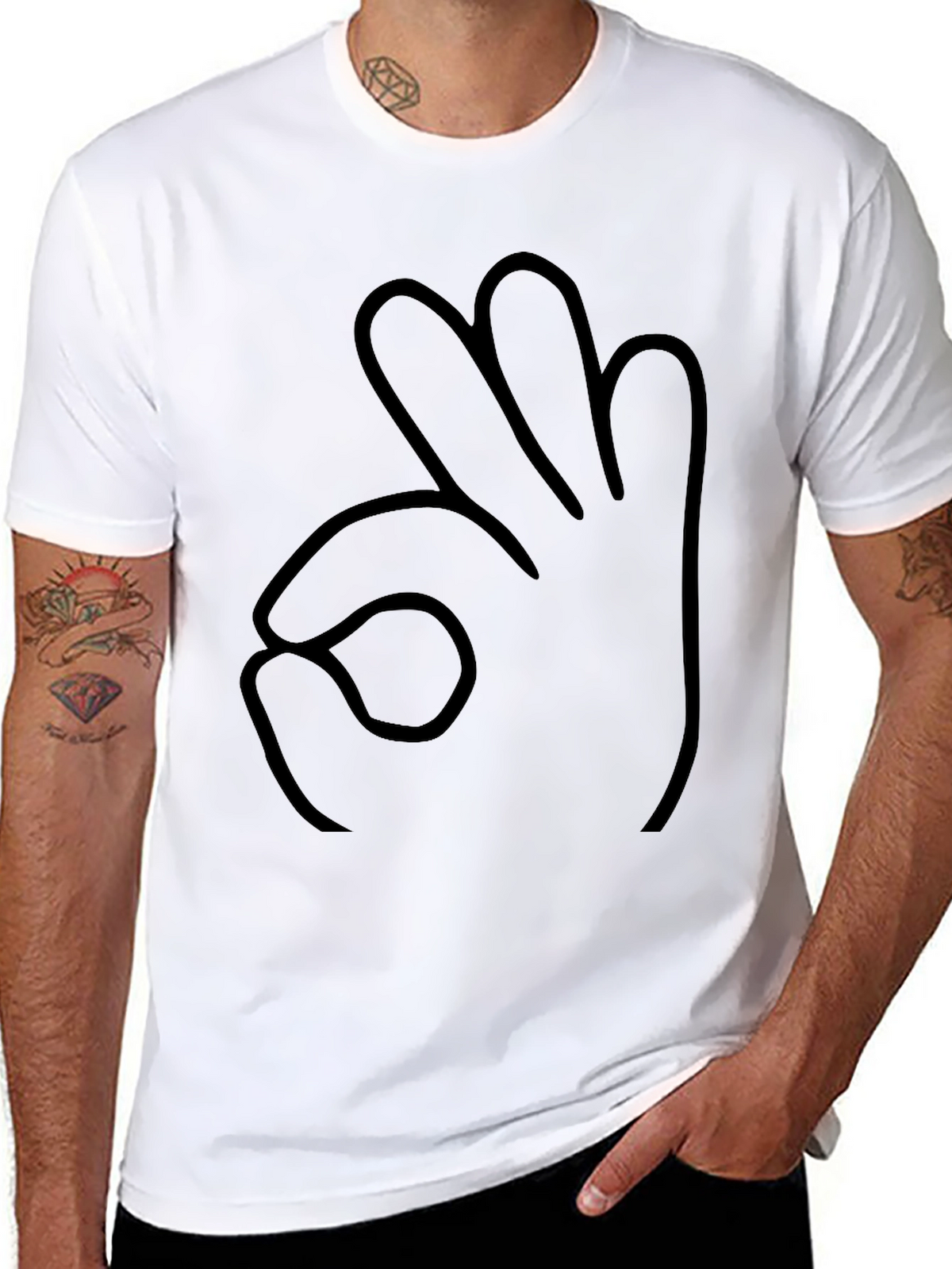 Black T-Shirt OK Hand Gesture Outline Graphic