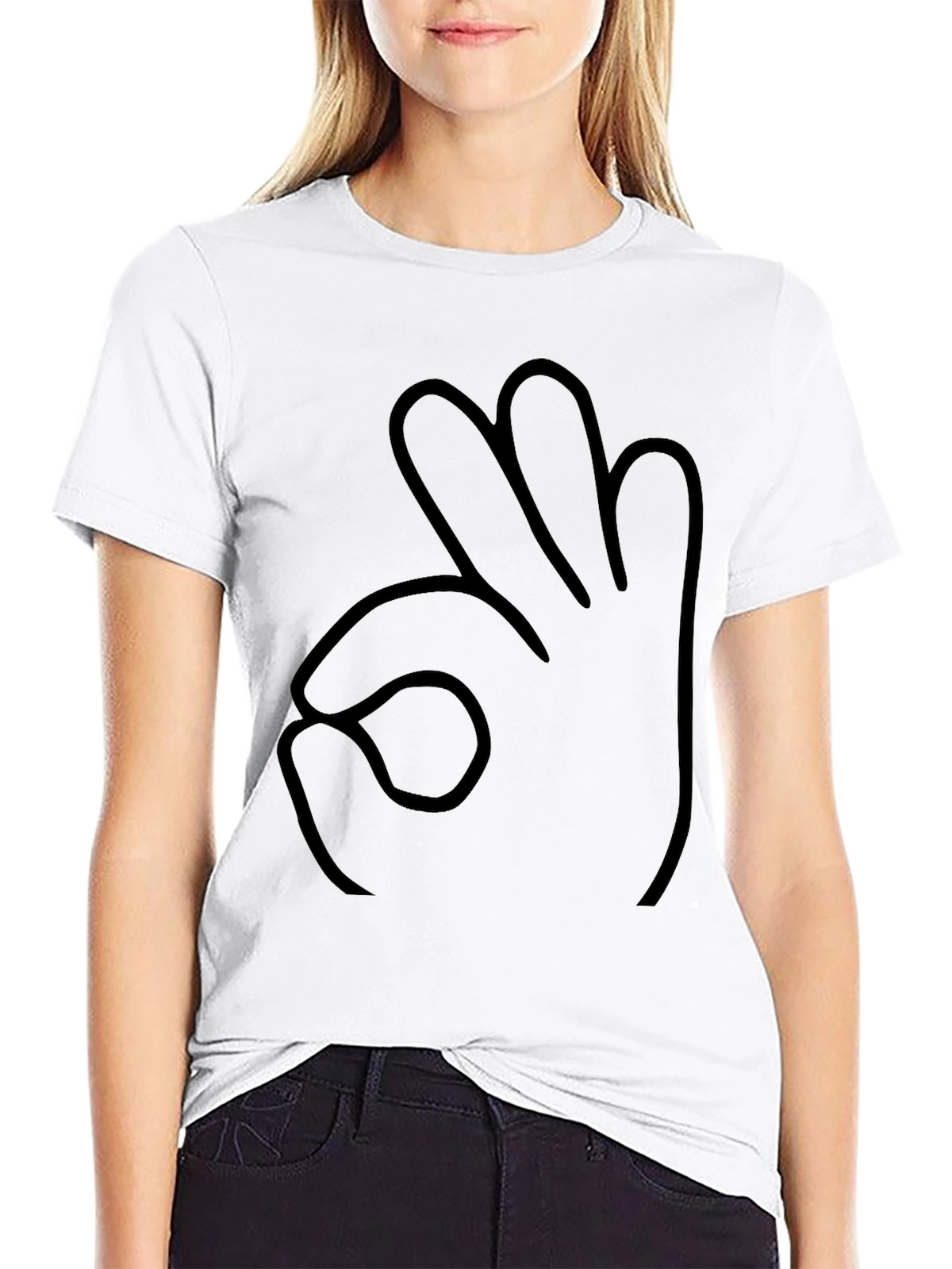 Black T-Shirt OK Hand Gesture Outline Graphic