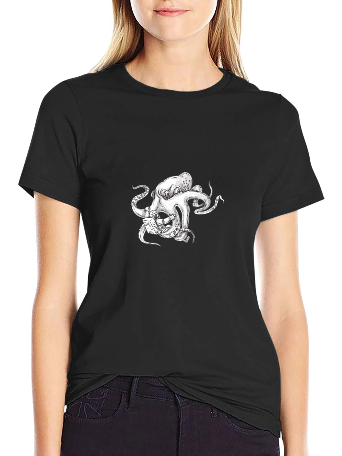 Octopus Astronaut Graphic Tee - Black Cotton T-Shirt