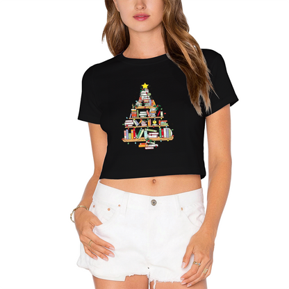 Book?Shaped Christmas Tree Book Lover Holiday Crop Tee