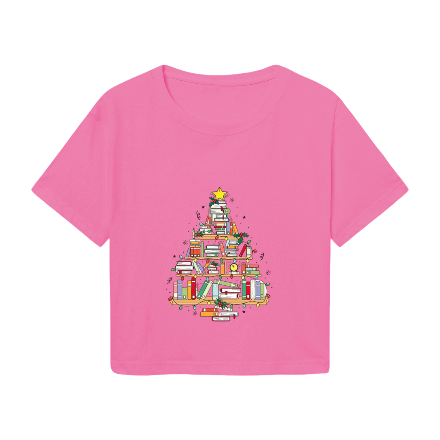 Book?Shaped Christmas Tree Book Lover Holiday Crop Tee