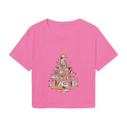 Book?Shaped Christmas Tree Book Lover Holiday Crop Tee
