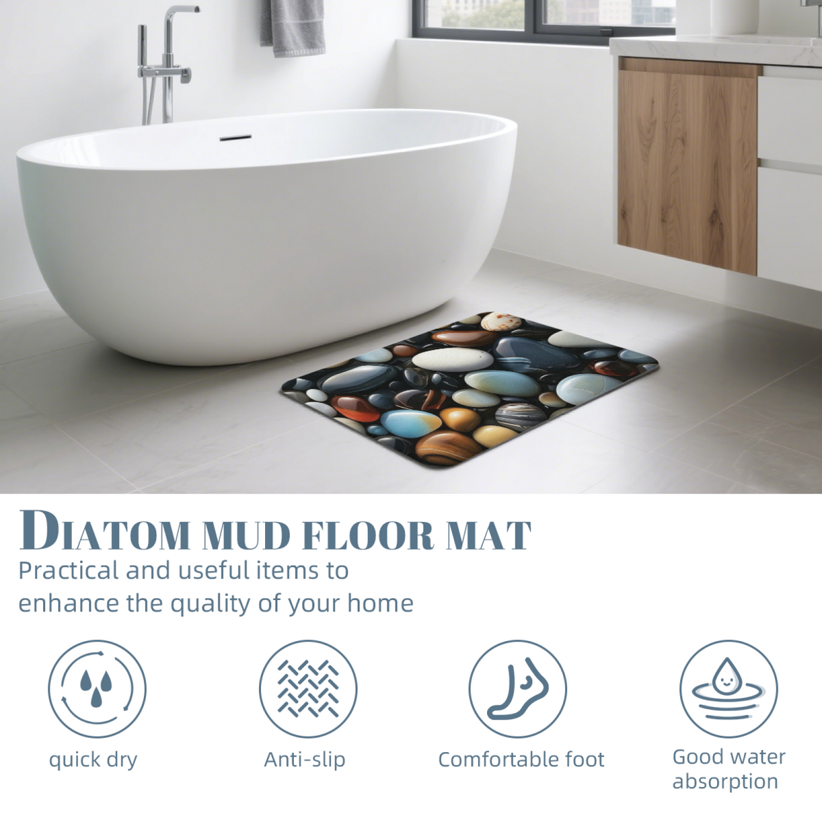 Colorful Pebble Diatomite Mat£üSimulation Colorful Pebble Diatomite Mat, Quick Dry Absorbent Non?Slip Bathroom Shower Doorway Floor Rug