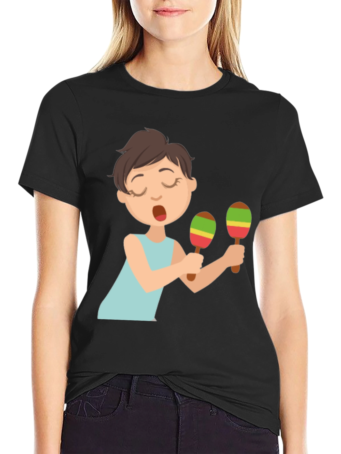 Cartoon Girl Maracas Black T-Shirt