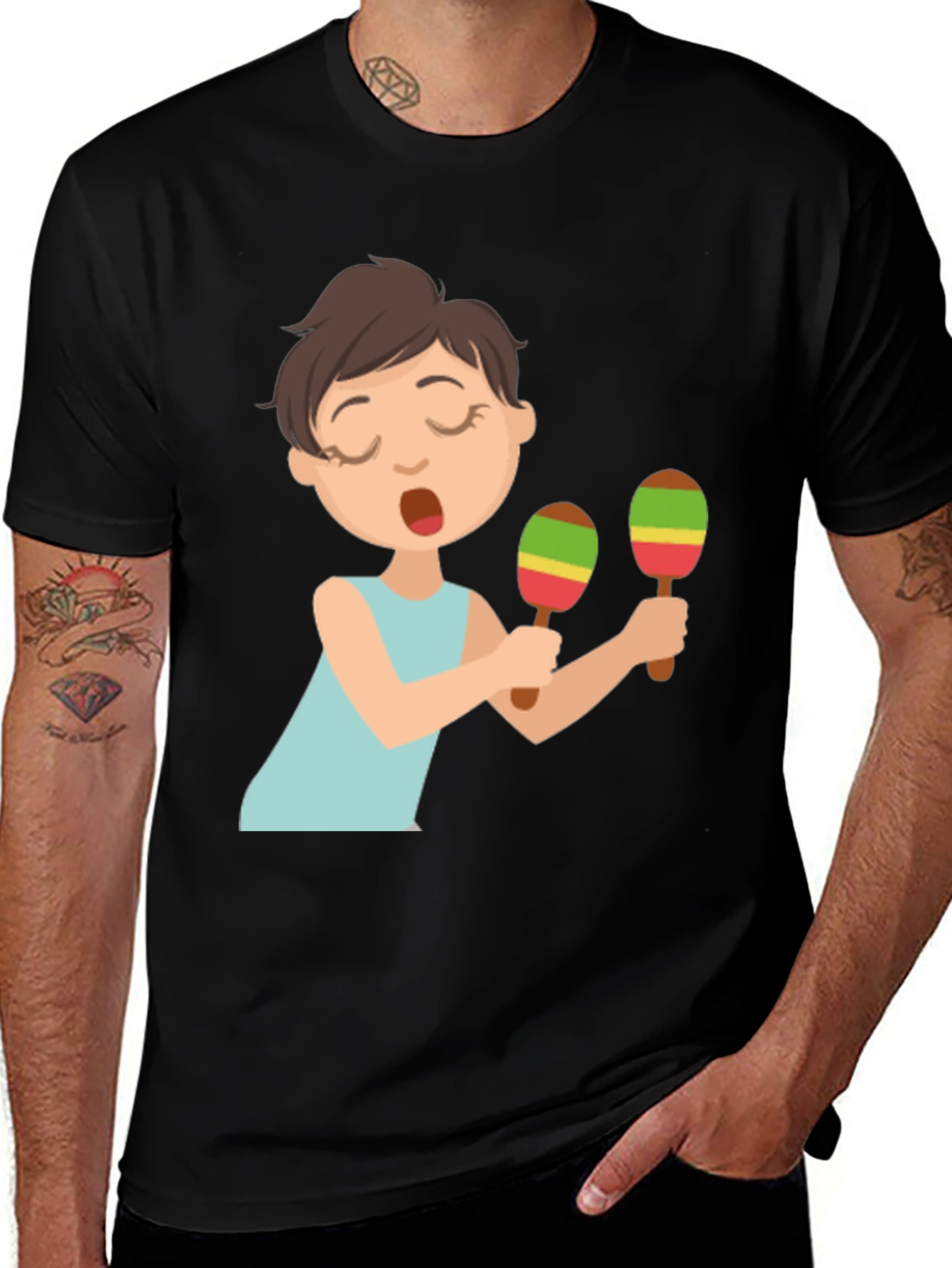 Cartoon Girl Maracas Black T-Shirt