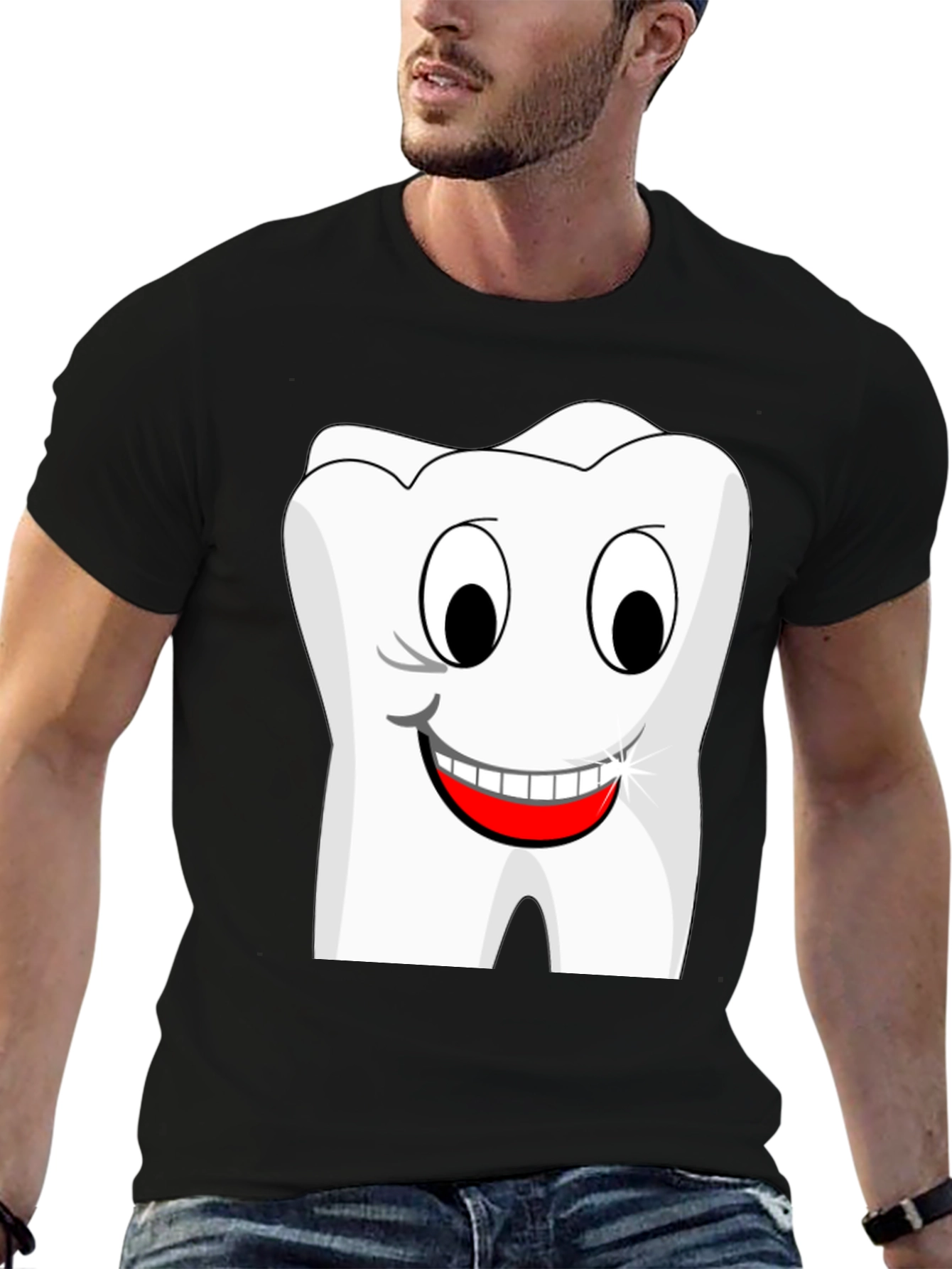 Funny Cartoon Tooth Graphic T-Shirt - Black Cotton Tee
