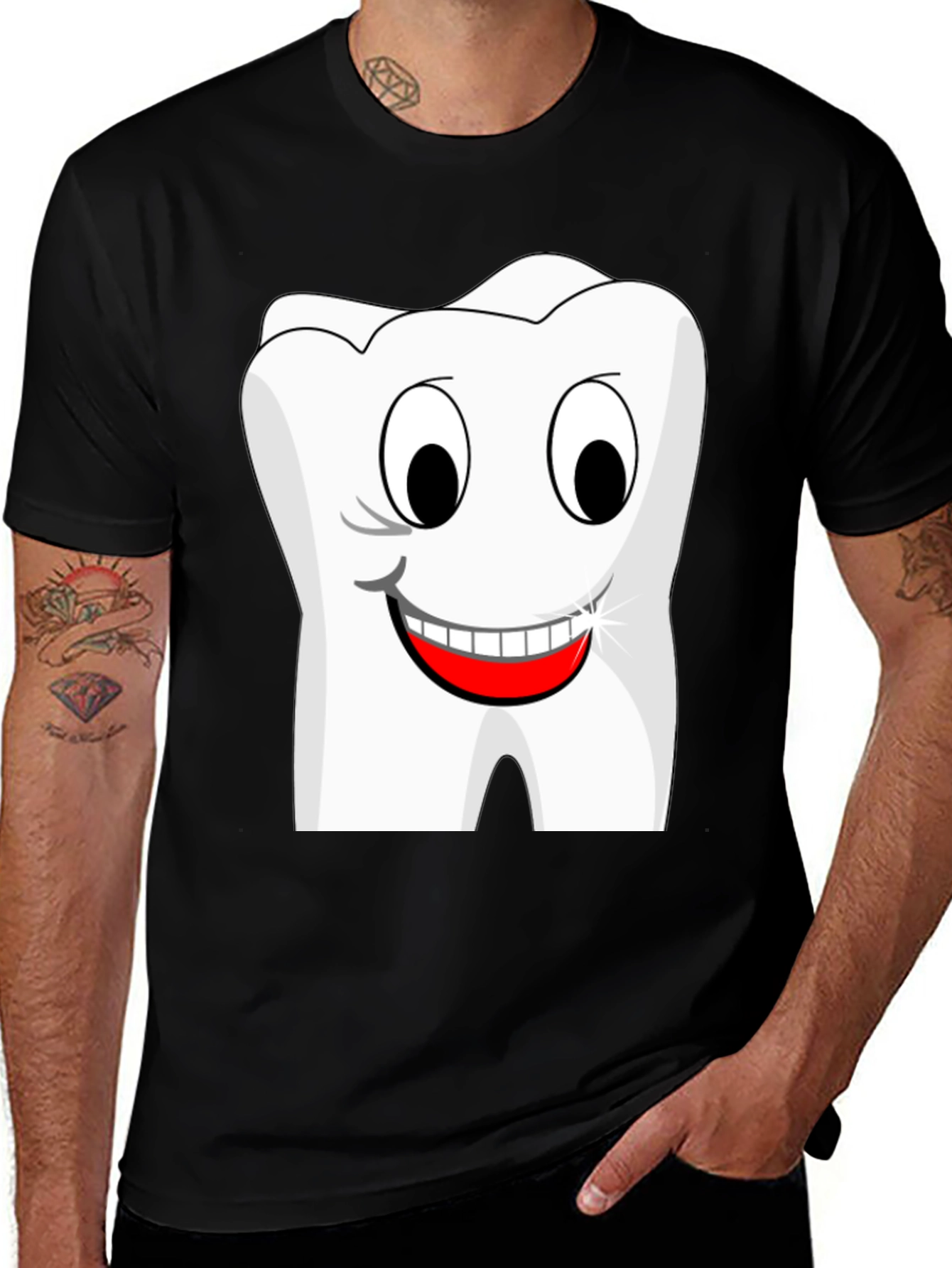 Funny Cartoon Tooth Graphic T-Shirt - Black Cotton Tee