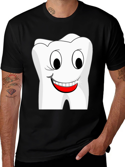 Funny Cartoon Tooth Graphic T-Shirt - Black Cotton Tee