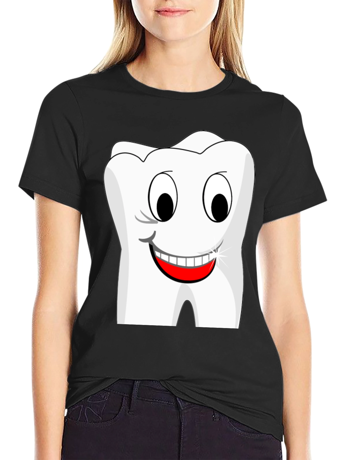 Funny Cartoon Tooth Graphic T-Shirt - Black Cotton Tee