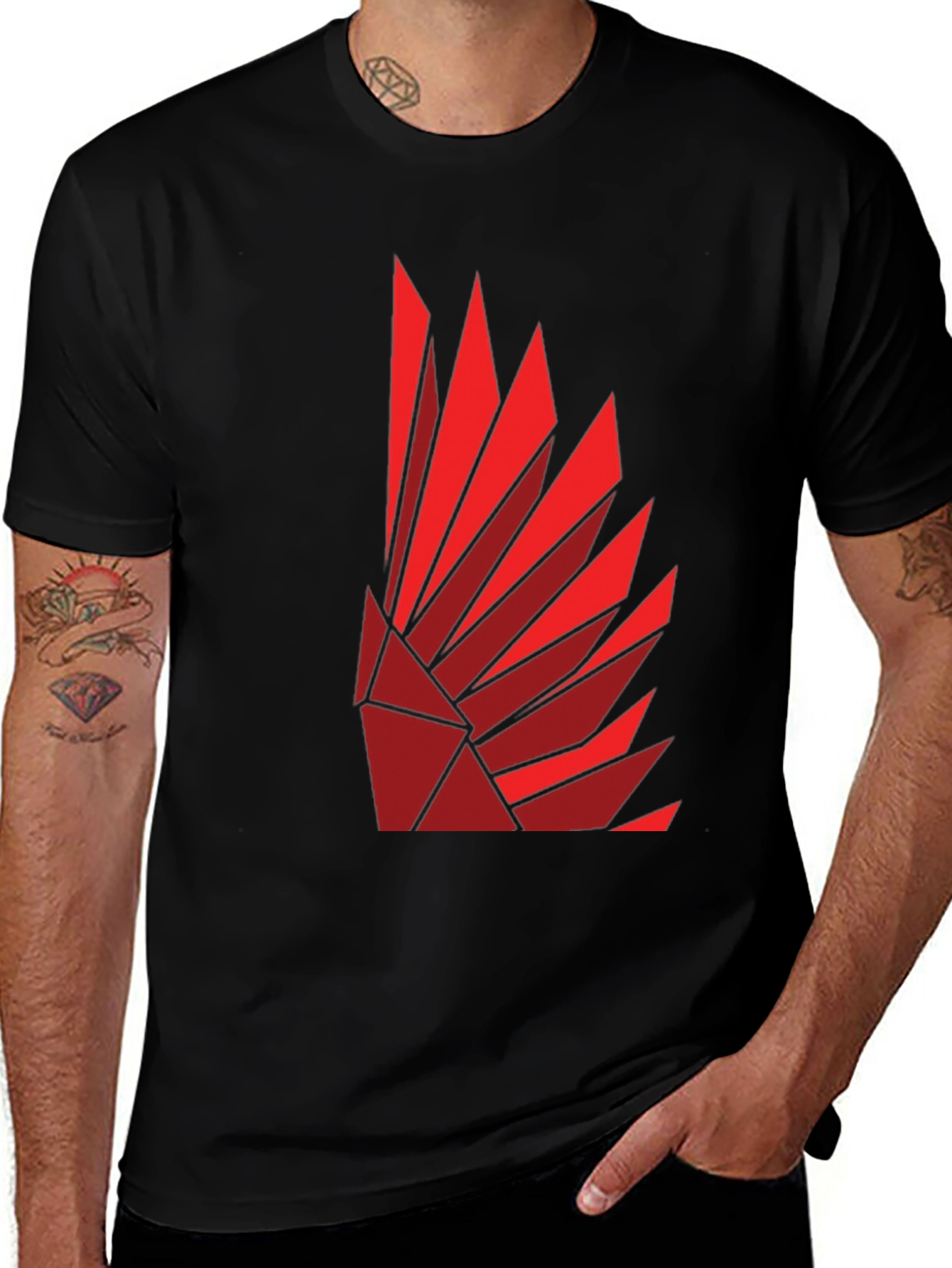 Geometric Feather Design Black T-Shirt