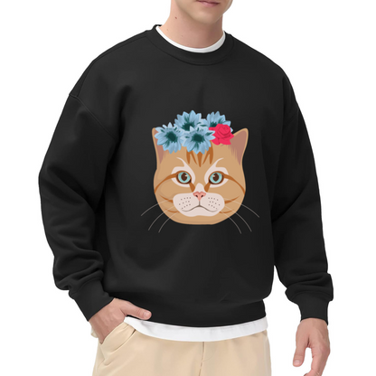 Flower Crown Cat Sweatshirt - Cute Cat With Flower Wreath Crewneck, Kawaii Blossom Kitty Pullover, Cat Lover Garden Gift Sweatshirt, Spring Floral Top