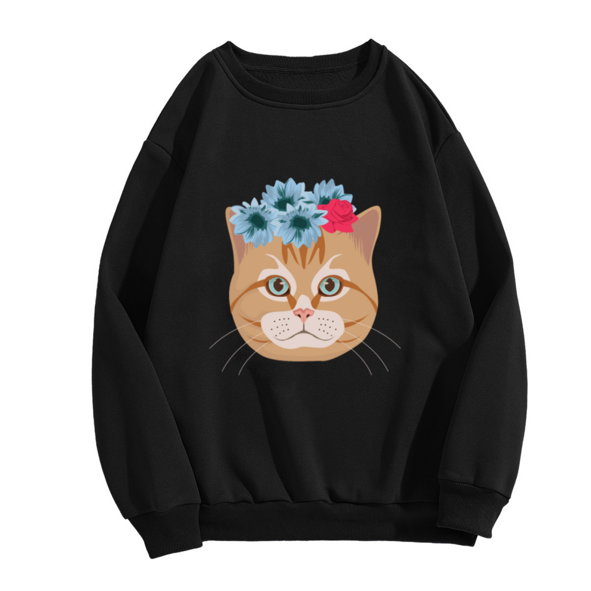 Flower Crown Cat Sweatshirt - Cute Cat With Flower Wreath Crewneck, Kawaii Blossom Kitty Pullover, Cat Lover Garden Gift Sweatshirt, Spring Floral Top
