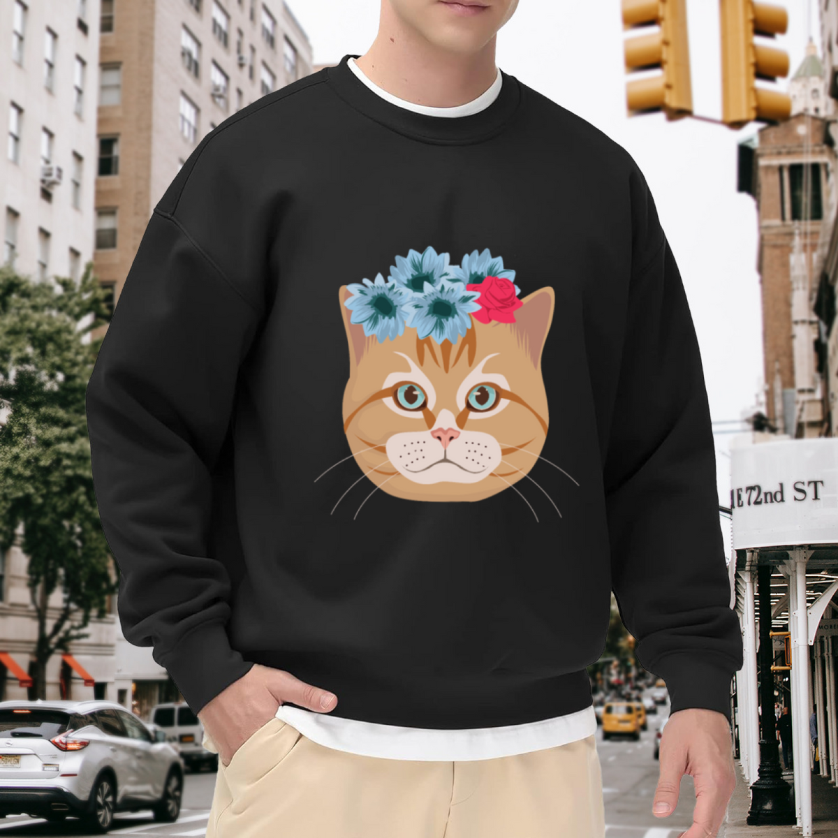Flower Crown Cat Sweatshirt - Cute Cat With Flower Wreath Crewneck, Kawaii Blossom Kitty Pullover, Cat Lover Garden Gift Sweatshirt, Spring Floral Top