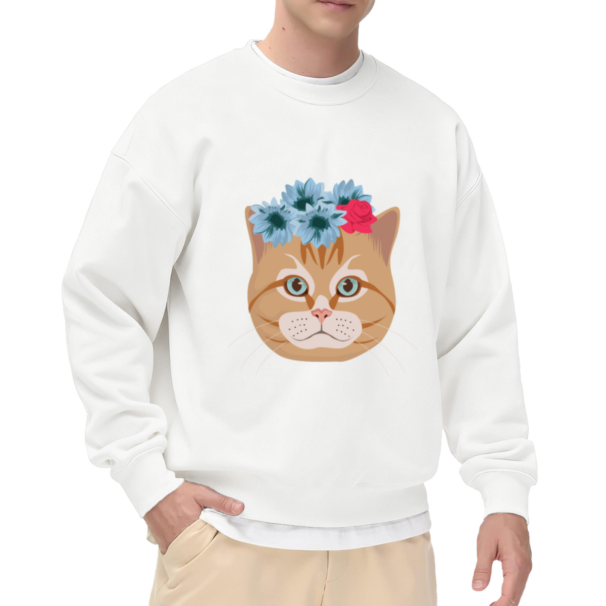 Flower Crown Cat Sweatshirt - Cute Cat With Flower Wreath Crewneck, Kawaii Blossom Kitty Pullover, Cat Lover Garden Gift Sweatshirt, Spring Floral Top