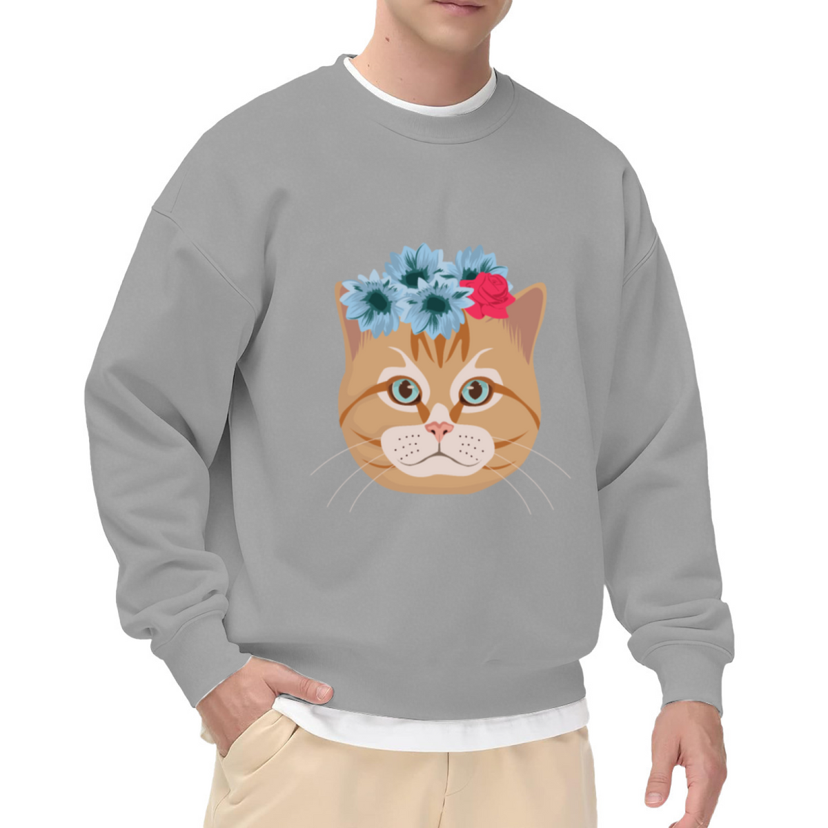 Flower Crown Cat Sweatshirt - Cute Cat With Flower Wreath Crewneck, Kawaii Blossom Kitty Pullover, Cat Lover Garden Gift Sweatshirt, Spring Floral Top