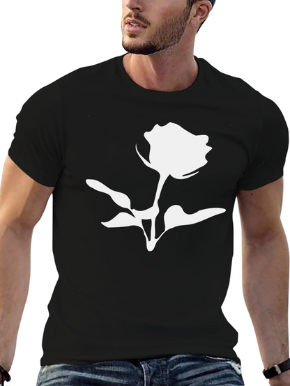Black T-Shirt with White Rose Graphic Print