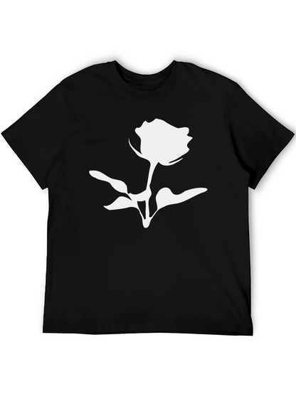Black T-Shirt with White Rose Graphic Print