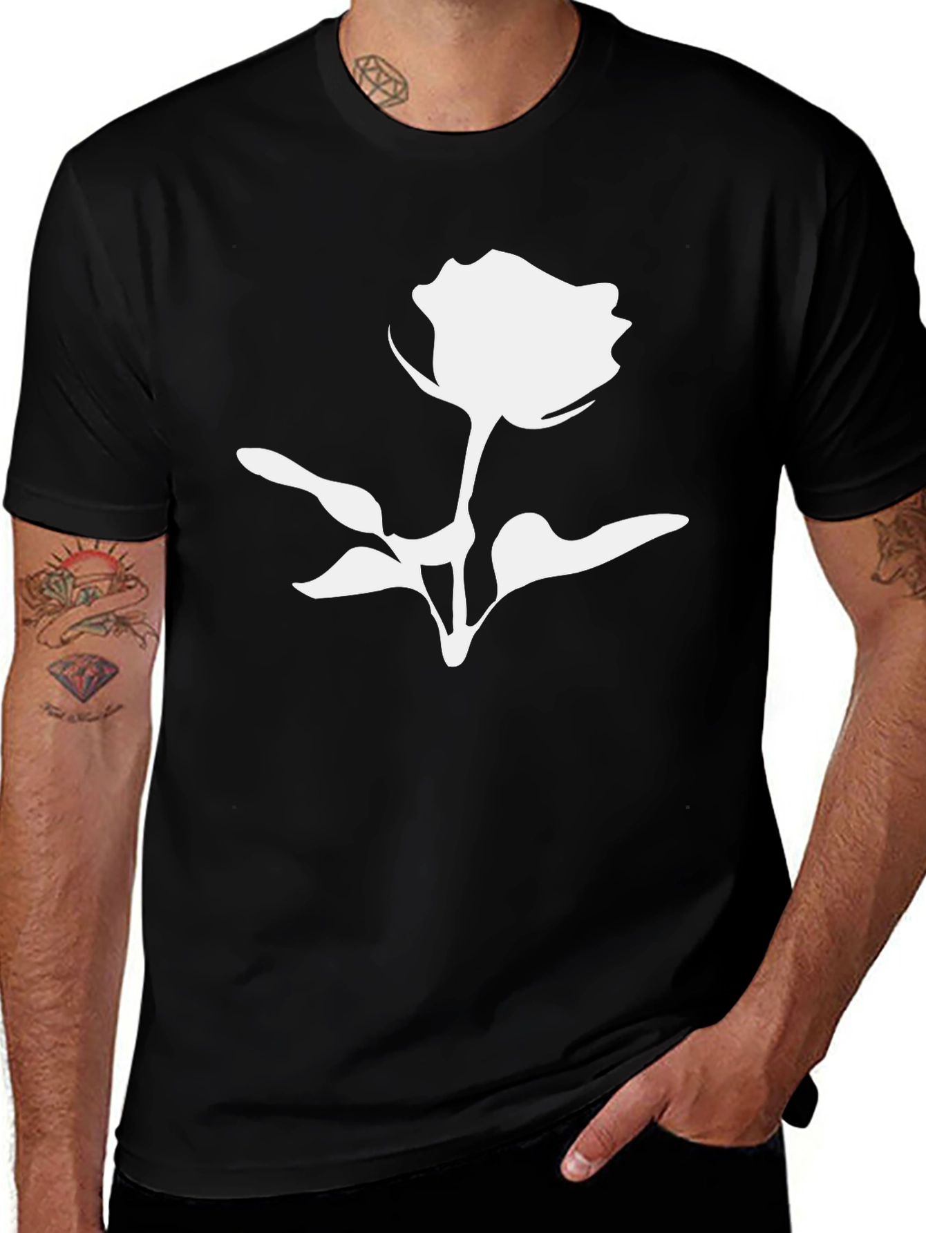 Black T-Shirt with White Rose Graphic Print