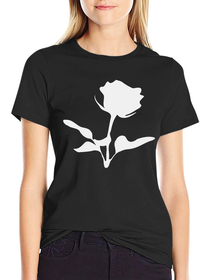 Black T-Shirt with White Rose Graphic Print