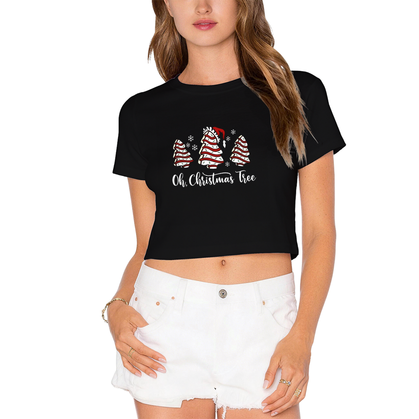 Oh Christmas Tree Festive Cake Tree Pink Women Crop Top