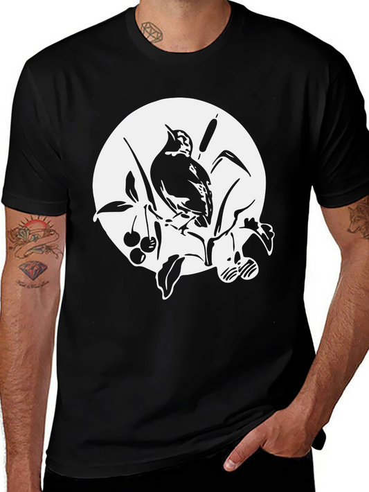 Bird & Berry Graphic Tee - Black Cotton Casual Style