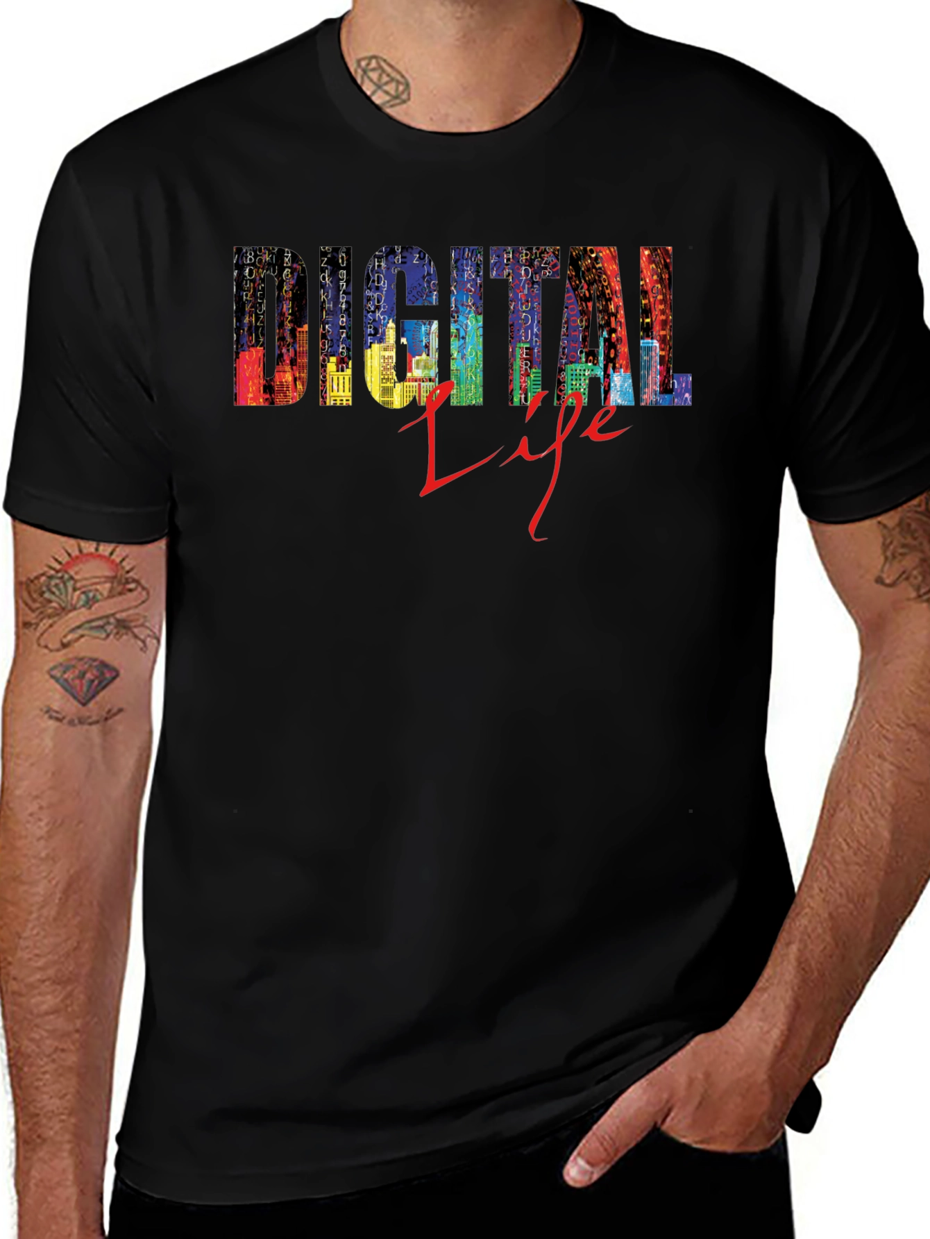 Digital Life Black T-Shirt - Stylish Cityscape Design