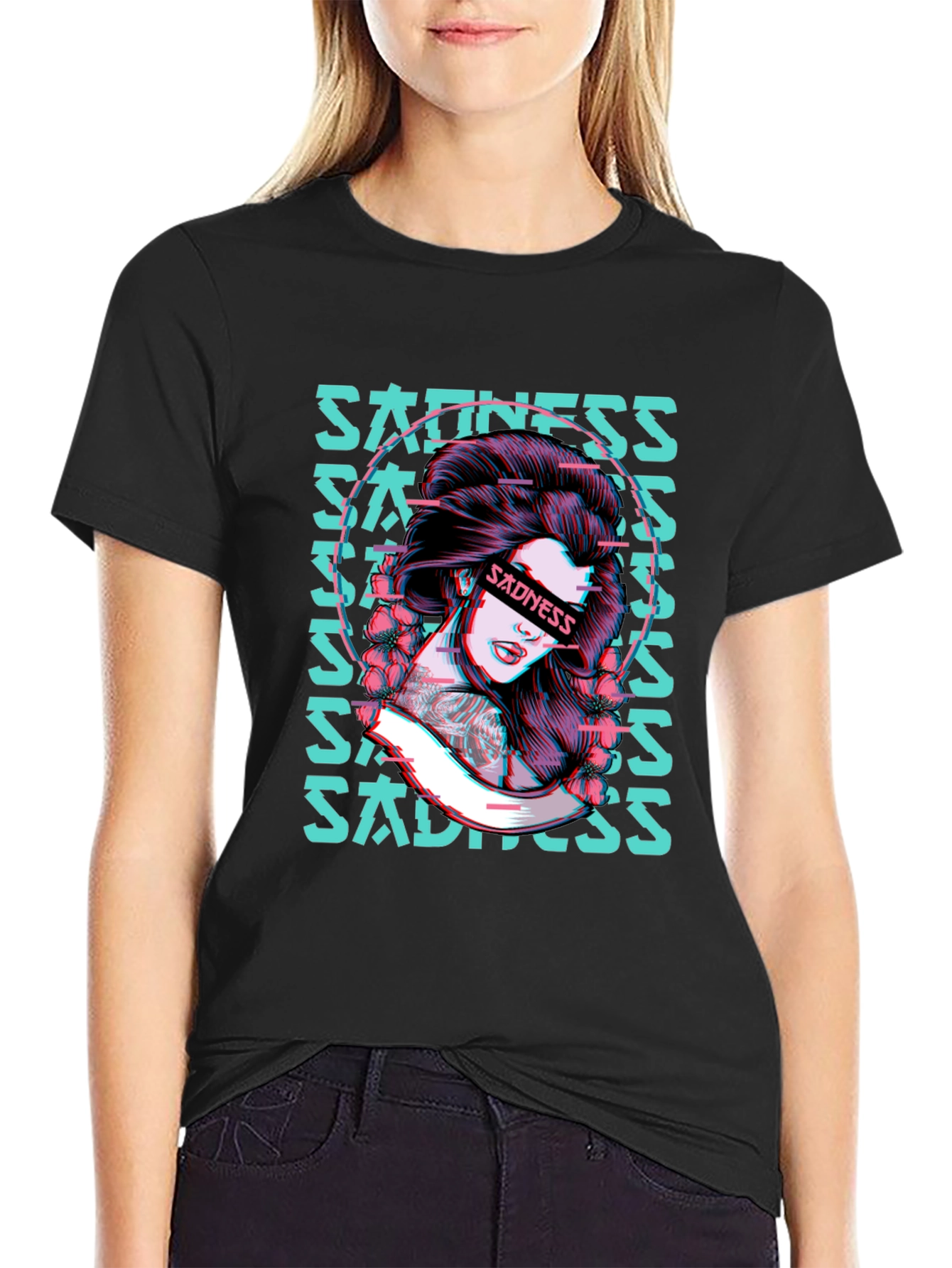Sadness Woman Graphic Black T-Shirt