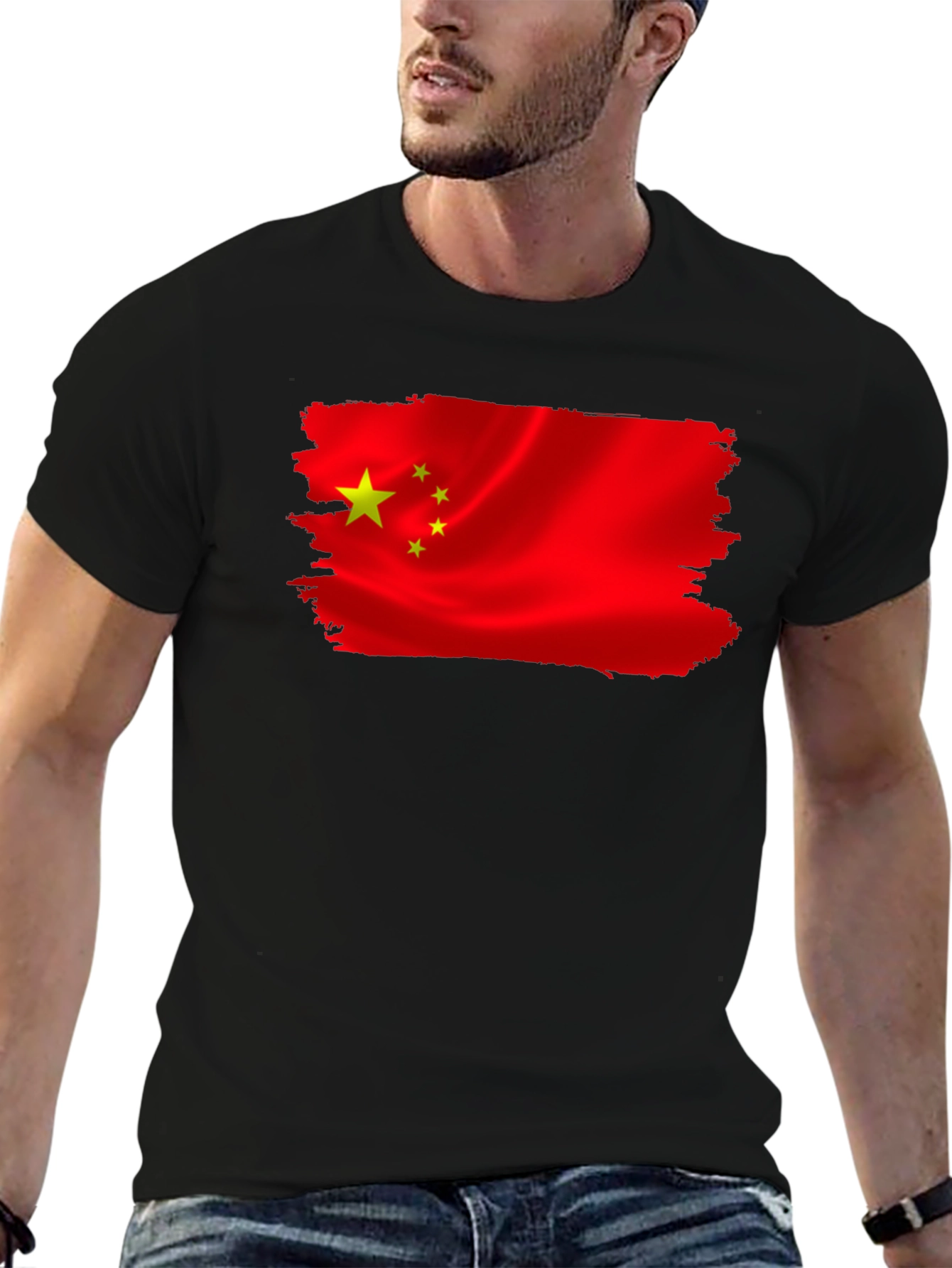 China Flag T-Shirt - Black Crew Neck Tee
