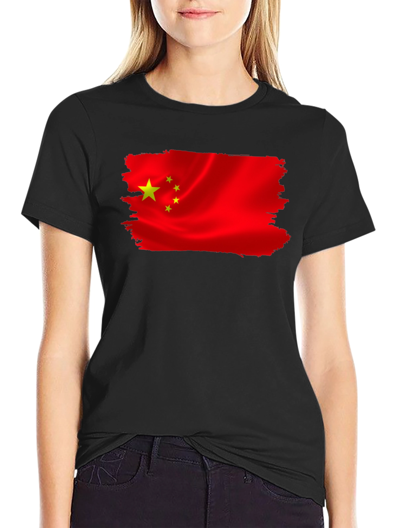 China Flag T-Shirt - Black Crew Neck Tee