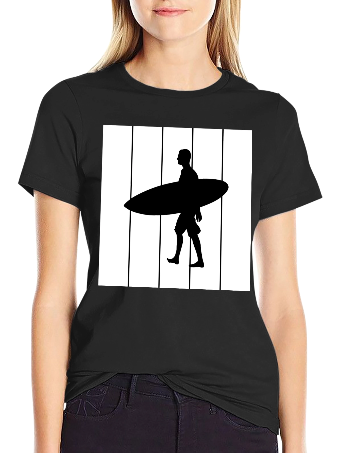 Surfer Silhouette Graphic Tee - Black Cotton Blend