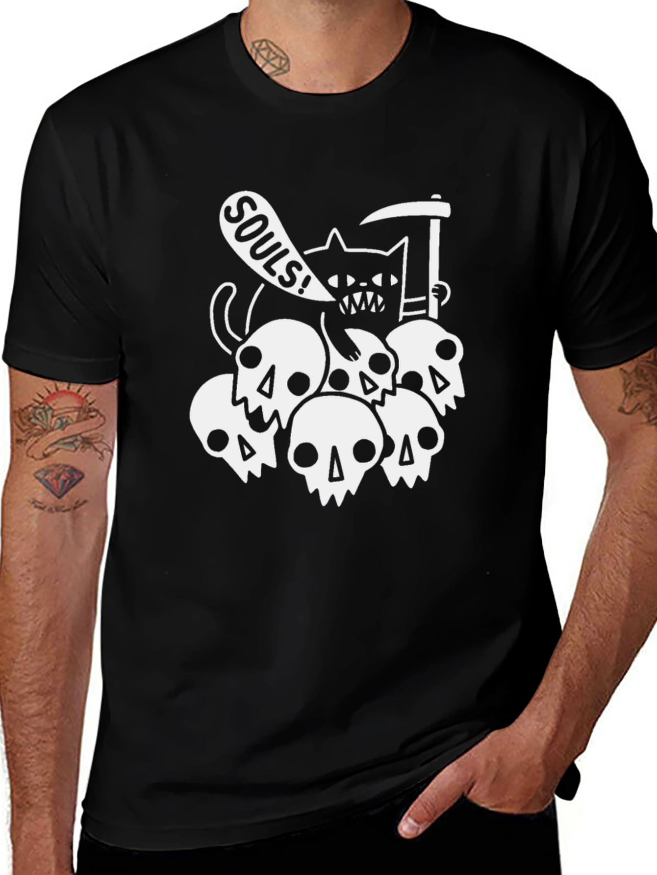 Grim Reaper Cat Souls Black Graphic T-Shirt