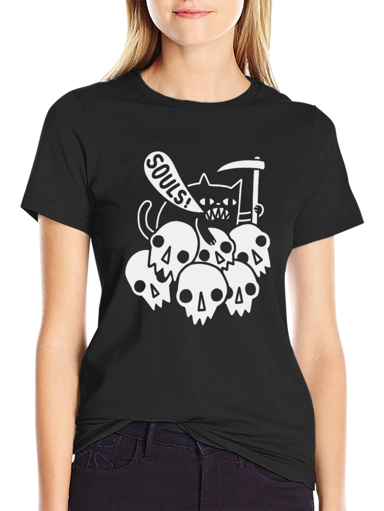 Grim Reaper Cat Souls Black Graphic T-Shirt