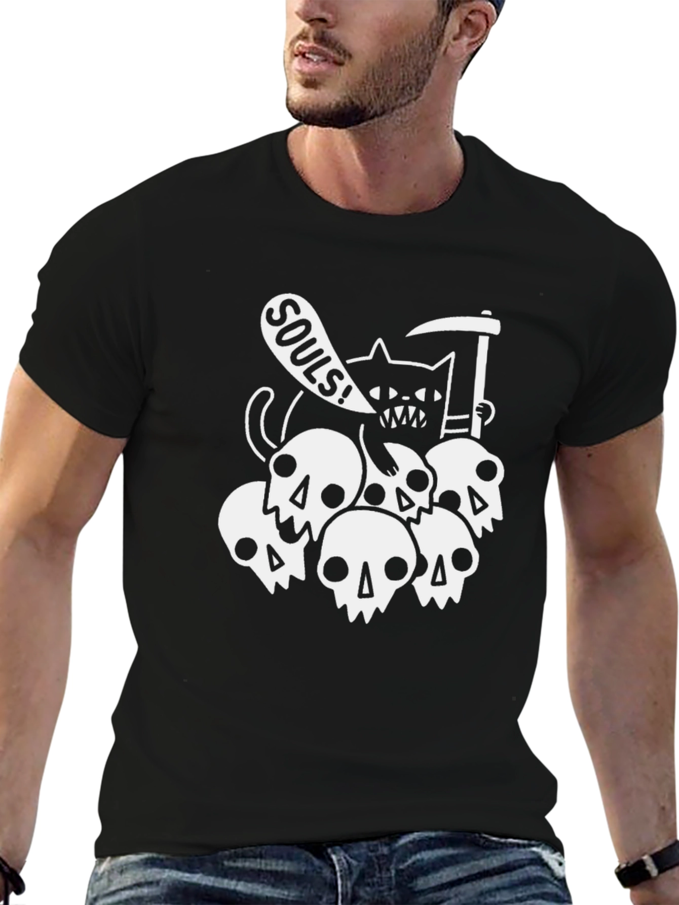 Grim Reaper Cat Souls Black Graphic T-Shirt
