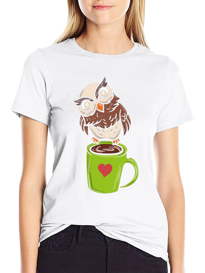 Owl on Coffee Mug Graphic T-Shirt