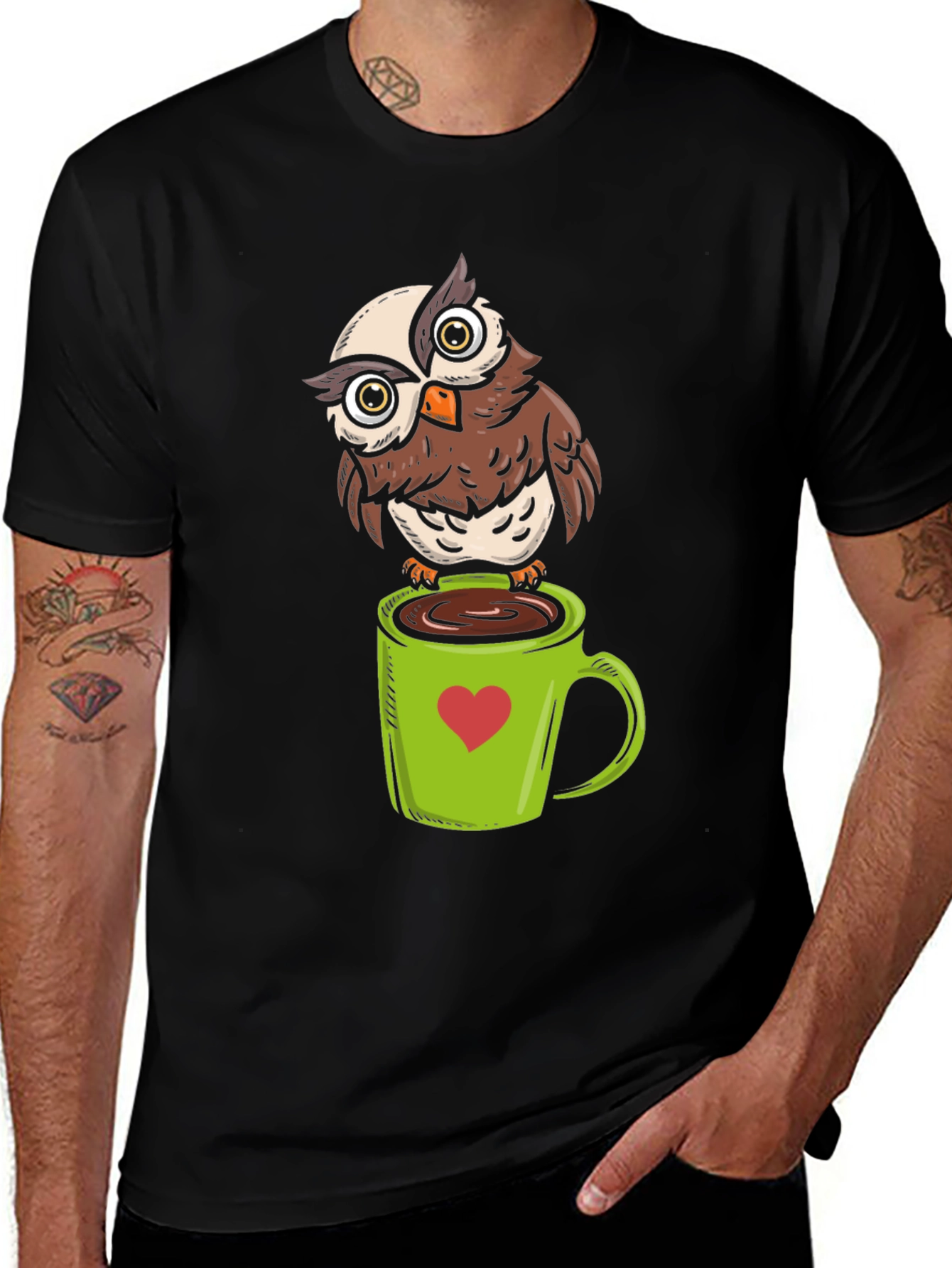 Owl on Coffee Mug Graphic T-Shirt